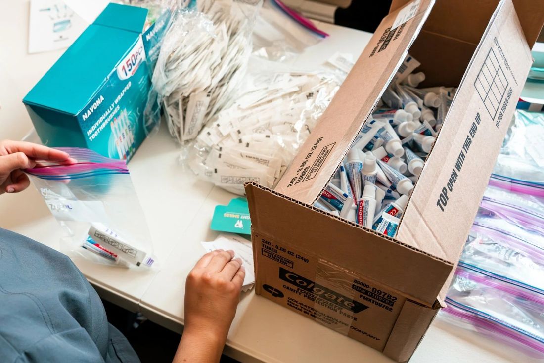 Dental care supplies ready for distribution